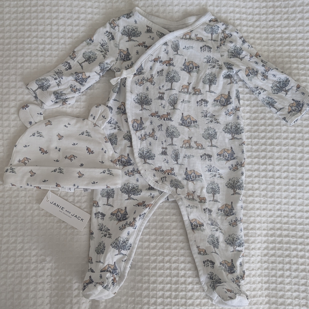 Janie + Jack Baby Woodland Toile Wrap Footed One-Piece With Matching Hat